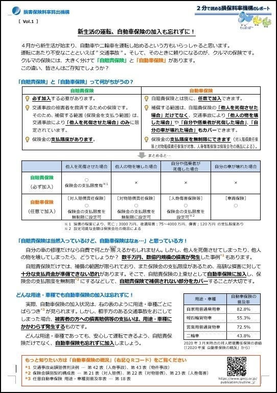 損害保険料率算出機構の保険についてのリリース／「新生活の運転、自動車保険の加入も忘れずに！」をウェブサイトに掲載しました