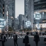 Groqが7.5億ドルを新規調達、評価額69億ドルへ。都市の日常風景をバックにAI業界の変化を象徴する抽象的な要素を描写。