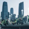 【9/24】本日の株価値上がり率ランキングTOP10に関連する都市の風景。株価を象徴する抽象化された矢印やグラフが浮かぶ。