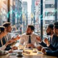 「タイヨウ・パシフィック・パートナーズとは？」のテーマに基づき、ビジネスの議論が交わされるカフェのシーンを描写。