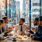 「タイヨウ・パシフィック・パートナーズとは？」のテーマに基づき、ビジネスの議論が交わされるカフェのシーンを描写。