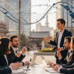 SBIダルトン新アクティビストファンドの企業価値向上を目指す対話のシーンを表現した画像。ビジネスの議論が行われる都市の風景を描いています。