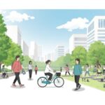 ＳＯＭＰＯひまわり生命の健康アプリに関連する日常生活のシーン。人々がウォーキングやサイクリングを楽しんでいる様子が描かれています。