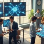 ＳＯＭＰＯひまわり生命がAIサポートシステムを導入するオフィスのシーン。効率的な業務遂行と顧客体験の向上を目指す様子を描写。