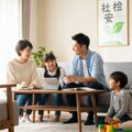 2026年4月開始の子ども・子育て支援金の徴収方法と年収別負担額を説明する家庭のシーン。