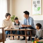 2026年4月開始の子ども・子育て支援金の徴収方法と年収別負担額を説明する家庭のシーン。