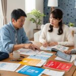 生命保険会社選びにおける健全性や信用力および破綻時の影響を解説する家族の場面です。平和で家庭的な雰囲気の中での金融相談が描かれています。