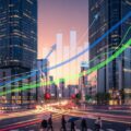 第一生命HDが米国で1.4兆円規模の再保険契約を締結し収益改善を象徴する都市の風景で、金融成長を示す抽象表現が見られる。