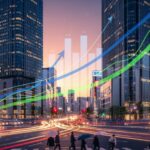 第一生命HDが米国で1.4兆円規模の再保険契約を締結し収益改善を象徴する都市の風景で、金融成長を示す抽象表現が見られる。