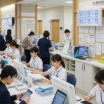 マイナ保険証の利用率が4％台に低迷している状況を示す、日本の病院の忙しい受付の様子。