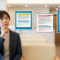 6月1日から保険診療で条件付きの予約キャンセル料徴収が可能に。近代的な医院の待合室で、患者がキャンセルについて考える雰囲気を描写しています。