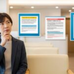 6月1日から保険診療で条件付きの予約キャンセル料徴収が可能に。近代的な医院の待合室で、患者がキャンセルについて考える雰囲気を描写しています。