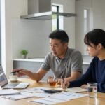 63歳自営業の親が大学生の子に国民年金を肩代わりするメリットを説明しているシーン。日常の家族の風景を捉えたもの。