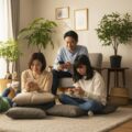 povoで月190円から加入可能なスマホ保険。日本の家庭がスマホを楽しむ様子を描いた画像。