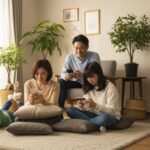povoで月190円から加入可能なスマホ保険。日本の家庭がスマホを楽しむ様子を描いた画像。