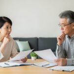 定年後の保険見直しによる家計への影響を考える様子を描いたイメージ。落ち着いた室内で、年配の夫婦が保険の書類を見直すシーン。