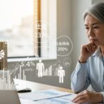 定年後の再雇用で月収が減少するシーンを描写した画像。年齢層が高い従業員が思索する姿、背景には抽象的な数字やグラフのモチーフがある。