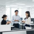 太陽生命保険が東北で進める組織再編の取り組みを示すチームによる議論のシーン。地域密着型サービス網の強化を目指す姿を表現。