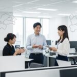 太陽生命保険が東北で進める組織再編の取り組みを示すチームによる議論のシーン。地域密着型サービス網の強化を目指す姿を表現。