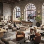 リビタが築100年超のオフィスビルを再生した「TSUGU京都三条」のホテルロビーの様子。歴史的な建物と現代的なデザインが融合された空間。