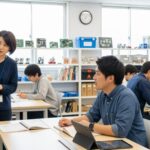 公共職業訓練の受講による失業保険の延長制度と利用方法を解説するシーン。訓練中の人々が教室で学んでいる様子を捉えています。