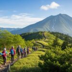 Finatextが提供する富士登山お守り保険の誕生を伝える、登山者が富士山への道を進む風景を描いた画像です。