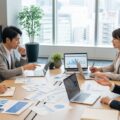 保険金審査基準の変更を3日前に消費者へ告知する義務化が22日施行。オフィスでの真剣な議論の様子を表現しています。