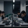 「残業中の転落事故で健康保険受診を強要する労災隠しの実態」を示す、ストレスのあるオフィス環境を描写した画像。