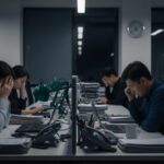 「残業中の転落事故で健康保険受診を強要する労災隠しの実態」を示す、ストレスのあるオフィス環境を描写した画像。