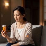 「慢性疼痛の鎮痛薬が25％自己負担増に？」をテーマにした、現代日本の生活空間で薬を持つ患者の姿を描写。