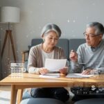 75歳以上の後期高齢者医療費を正しく理解する姿を描いたシーン。高齢者の夫婦が医療費に関する書類を話し合う様子を表現。