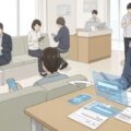マイナ保険証への移行に伴う8月以降の注意点を示す医療機関の待合室の光景。人々がスマートフォンをチェックしたり、治療について話し合ったりする様子が描かれています。