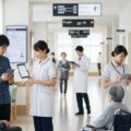 紙の保険証が使用不可に。病院内でデジタル機器を持つ患者と医療従事者の様子を示し、デジタル化の流れを表現。