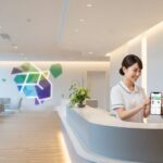 パナソニックが病院・薬局受付用の新型マイナ保険証リーダーを発表。デジタル変革を象徴する、スマホを使う看護師と患者のやり取りを描いたシーン。