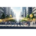 JAL系保険サイトのマイル特典に関する法令違反の懸念を表す都市の風景。保険と特典の関係性を感じさせる抽象的なシーン。
