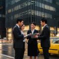 ロッテ損害保険のM&Aと8月の公開売却に向けた動向を示す、ビジネス交渉の雰囲気を描写した都市の風景です。