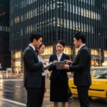 ロッテ損害保険のM&Aと8月の公開売却に向けた動向を示す、ビジネス交渉の雰囲気を描写した都市の風景です。