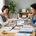 マイナ保険証とセットの資格情報のお知らせを家族が確認するシーン。保険運用の複雑さと配布状況を反映した家庭的な雰囲気。