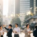 骨太方針2026の現役世代の保険料引き下げと成長の同時実現を象徴する、都会の日常生活のシーンです。