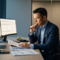 「４〜６月の残業代月７万円アップが招く社会保険料増」に関連する40代男性のオフィスでの風景。金融書類を見つめる表情が印象的。