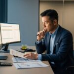 「４〜６月の残業代月７万円アップが招く社会保険料増」に関連する40代男性のオフィスでの風景。金融書類を見つめる表情が印象的。