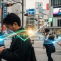 ペイペイがT&D系の生命保険会社を1300億円で買収するニュースを背景にした都市の風景。キャッシュレス決済を行う人々のシルエットが描かれています。