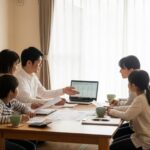 個人年金保険の課税の仕組みと年金形式または一括受け取りの違いについて、家族が話し合う現代日本の室内の様子を表現。