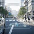 「楽天自動車保険が自動ブレーキ割引を全車対象化」と安全運転支援を連想させる日本の街並みと現代的な車の景色。