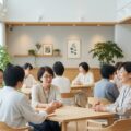 セゾンカード会員必見！SBI損保がん保険のサポート体制を示す、現代日本のコミュニティでの会話シーン。