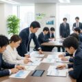 年収が高い証券・保険会社ランキング2025全45社を特集。金融業界の専門的な雰囲気を持つオフィスでの会話を描写した画像。