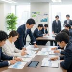年収が高い証券・保険会社ランキング2025全45社を特集。金融業界の専門的な雰囲気を持つオフィスでの会話を描写した画像。