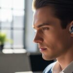 AirPodsのAppleCare+の補償内容と料金について、オフィスで無線イヤフォンを使うビジネスパーソンのシーンを描写。