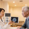 アルツハイマー病新薬の副作用予測検査が保険適用になり、安心な治療選択を患者と医師が話し合っている場面を描いた画像です。