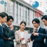 青森市が固定資産税と国民健康保険税の督促状2347件を送付した状況を描いた画像。市民の不安な様子と政府の建物が表現されている。